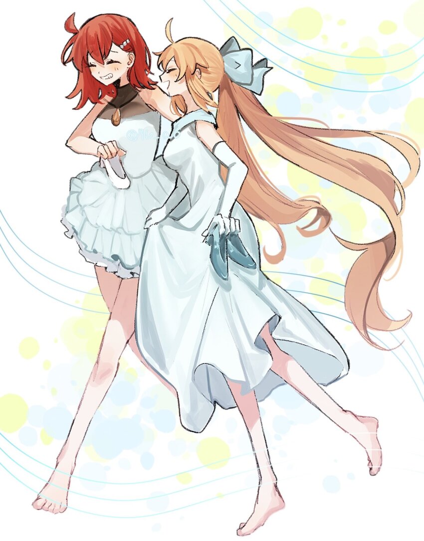2girls, 710_ao, ahoge, artoria_caster_(fate), artoria_caster_(fgo_fes._2025)_(fate), artoria_pendragon_(fate), barefoot, blonde_hair