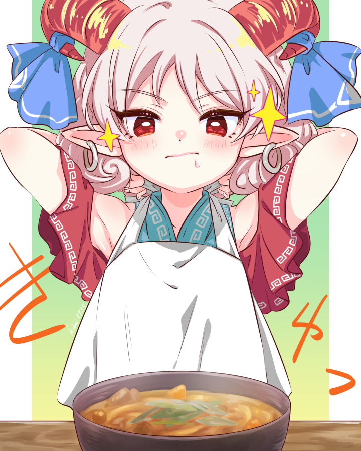 1girl, armpits, bare_shoulders, bib, blue_dress, blue_ribbon, bowl, closed_mouth, curly_hair, detached_sleeves, dress, earrings, eye_print, food, horn_ornament, horn_ribbon, horns, jewelry, kimi3735, meandros, pointy_ears, rectangular_pupils, red_eyes, red_horns, red_sleeves, ribbon, saliva, sheep_horns, soup, sparkle, touhou, toutetsu_yuuma, white_hair