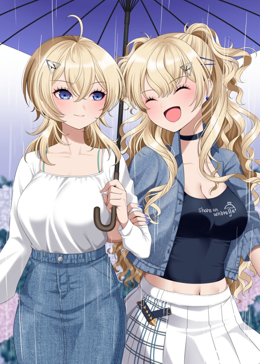 2girls, ahoge, black_shirt, blonde_hair, blue_eyes, blue_jacket, blue_skirt, breasts