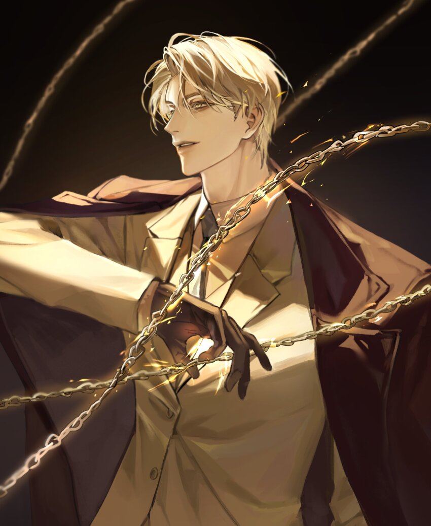 1boy, black_gloves, blonde_hair, brown_background, brown_coat, brown_shirt, brown_suit, chain