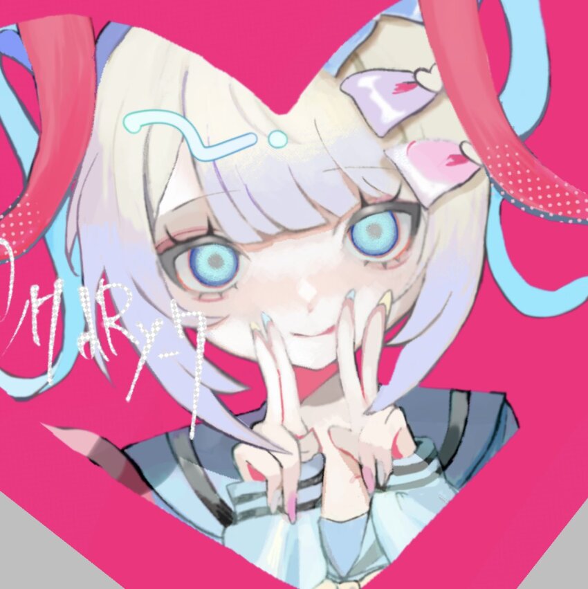 1girl, blonde_hair, blue_eyes, blue_hair, blue_serafuku, blunt_bangs, border, bow