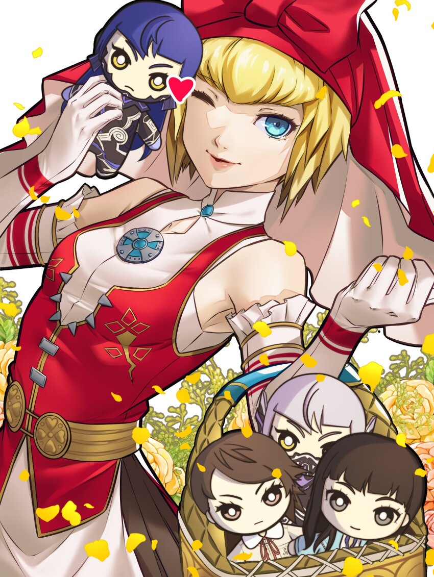 1girl, absurdres, artist_collaboration, artist_request, bare_shoulders, basket, blonde_hair, blue_eyes