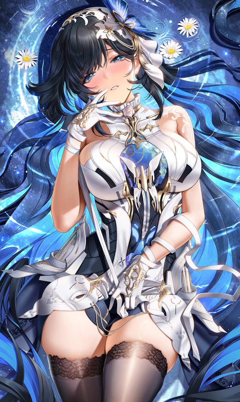 1girl, black_hair, black_thighhighs, blue_eyes, blue_hair, blush, breasts, collar