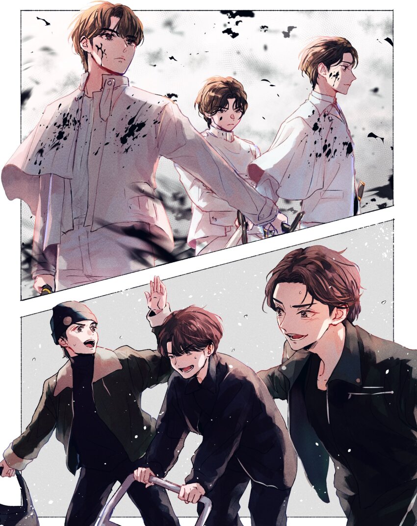 3boys, black_jacket, brown_hair, closed_mouth, commentary, fur-trimmed_jacket, fur_trim, hat