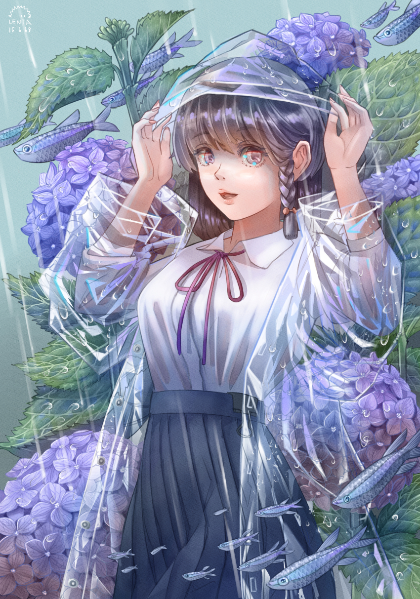 1girl, absurdres, braid, breasts, coat, cowboy_shot, fish, flower, grey_skirt, highres, hood, hood_up, hydrangea, lenta, long_hair, long_sleeves, looking_at_viewer, medium_breasts, neck_ribbon, open_clothes, open_coat, original, parted_lips, plant, pleated_skirt, purple_flower, rain, raincoat, ribbon, see-through_clothes, see-through_raincoat, shirt, side_braid, skirt, solo, wet, white_shirt