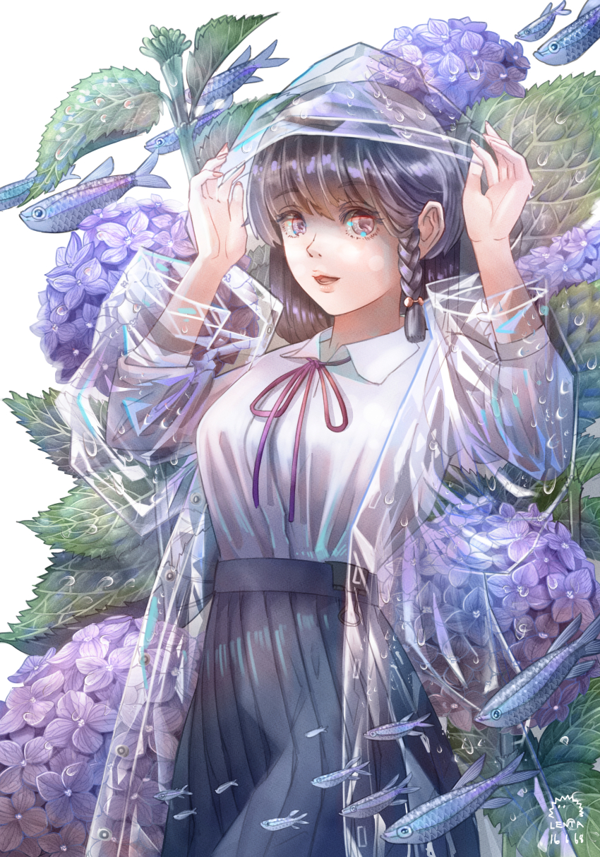 1girl, absurdres, braid, breasts, coat, cowboy_shot, fish, flower