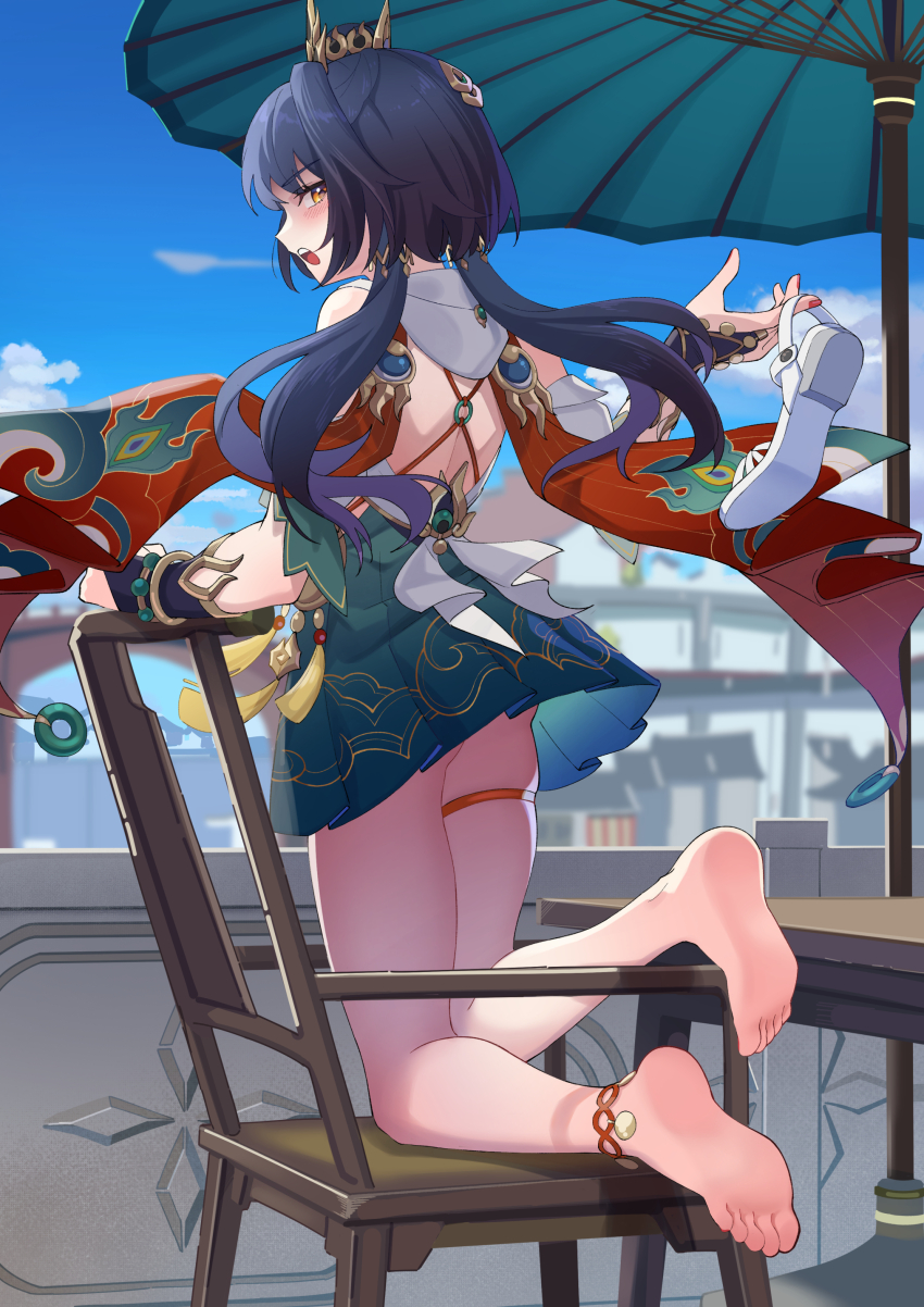 1girl, absurdres, anklet, ass, barefoot, black_hair, bridal_gauntlets, chair, chinese_clothes, day, dress, feet, fingernails, from_behind, full_body, hair_ornament, headpiece, highres, honkai:_star_rail, honkai_(series), jewelry, kneeling, loli, long_hair, looking_at_viewer, low_twintails, mikiseriavoid, nail_polish, no_shoes, on_chair, open_mouth, outdoors, red_nails, sideways_glance, soles, solo, thigh_strap, toes, twintails, underbutt, wrist_guards, yellow_eyes, yunli_(honkai:_star_rail)
