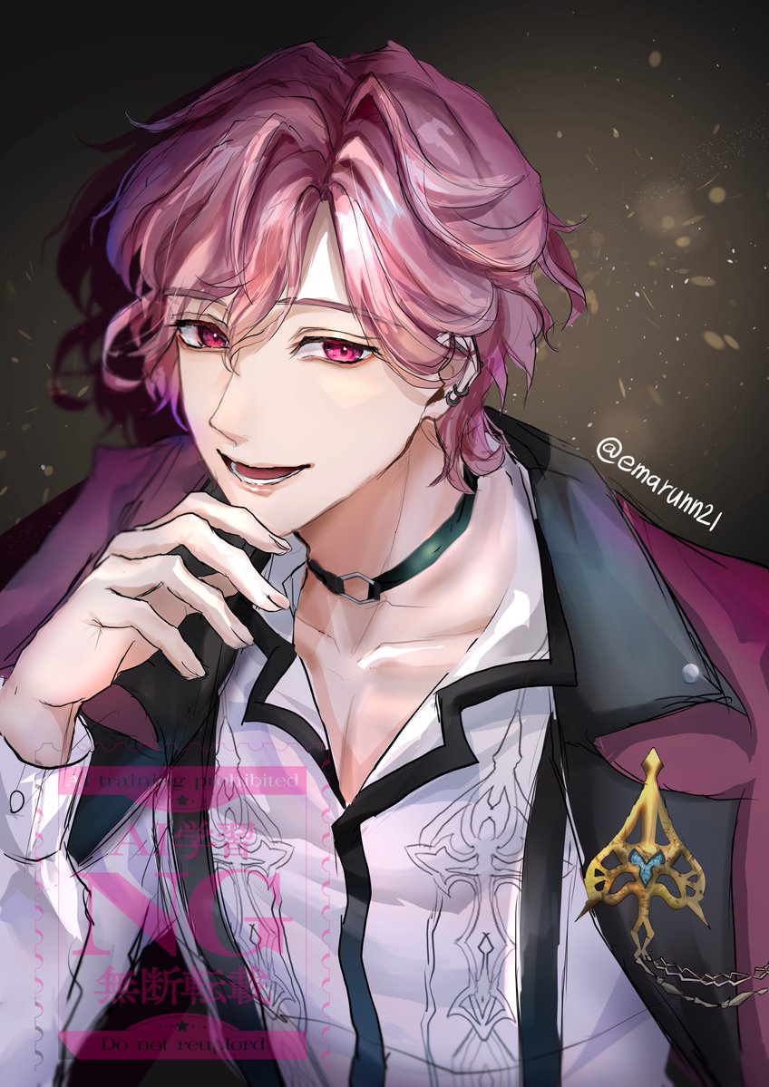 1boy, artist_name, black_background, black_choker, choker, earrings, emarunn21, ikemen_villain