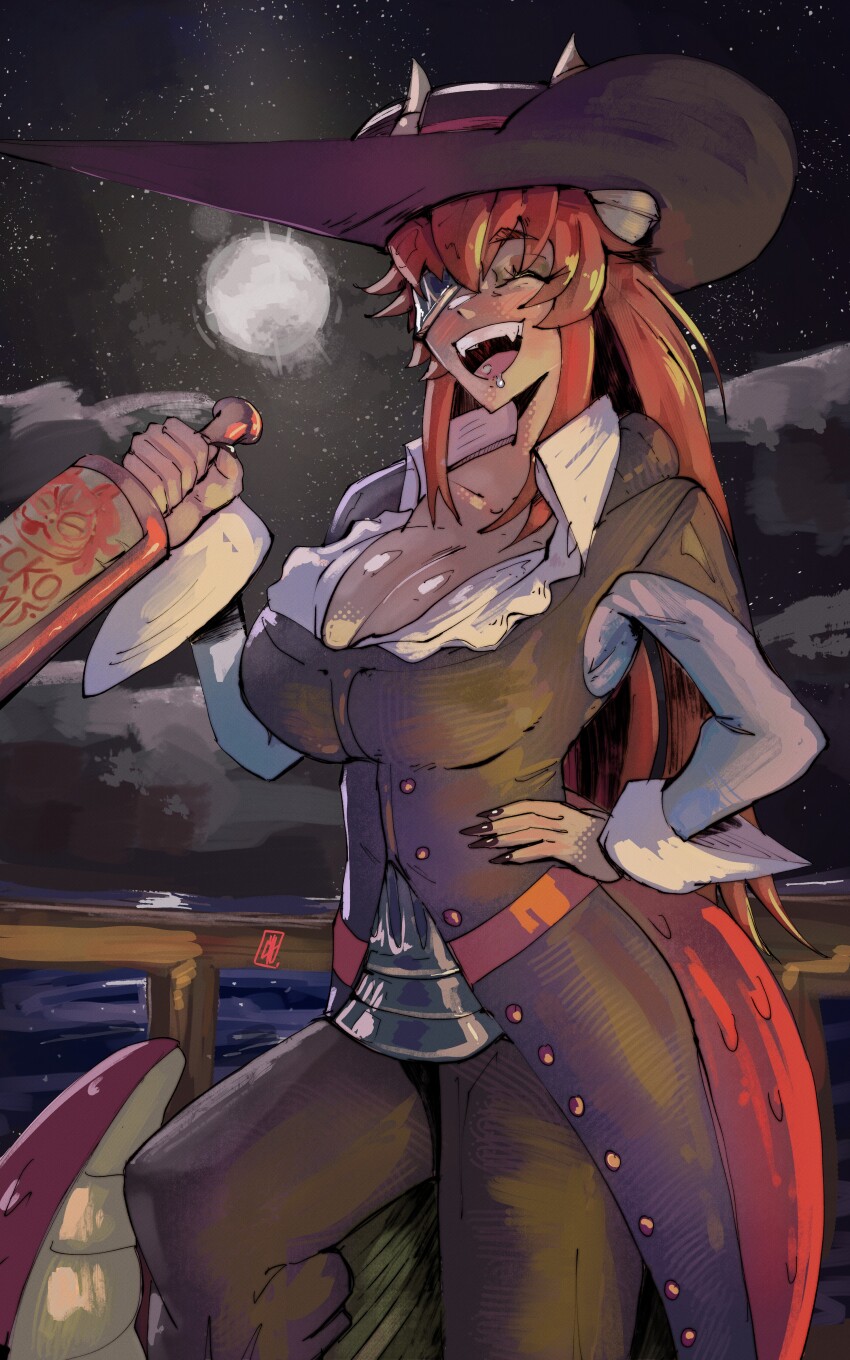 1girl, absurdres, alternate_costume, black_pants, black_sky, bottle, boutsoftheblind, breasts