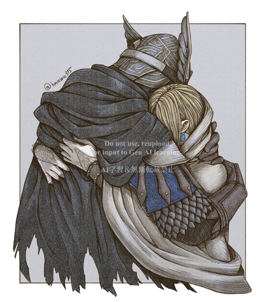 1boy, 1girl, armor, blonde_hair, brother_and_sister, cape, dress, duchess_(elden_ring)