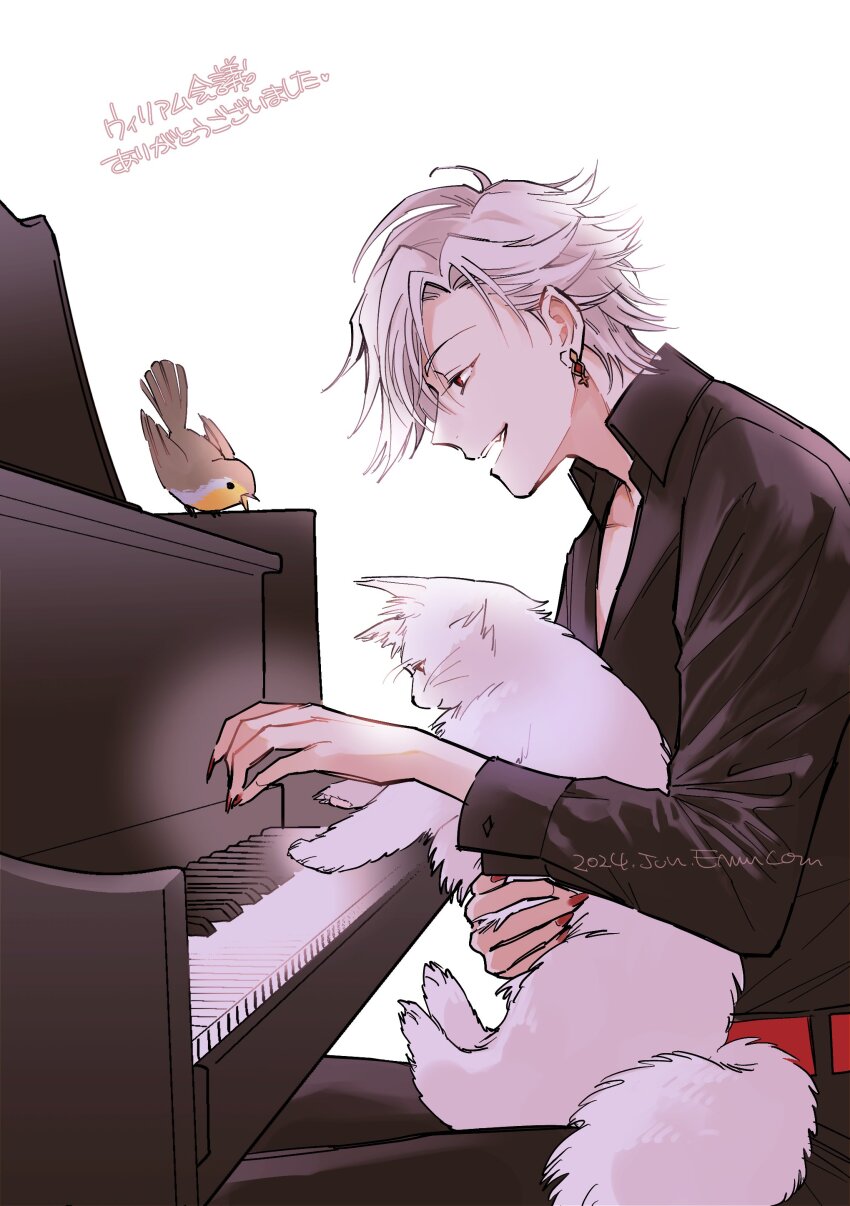 1boy, absurdres, ahoge, belt, bird, black_shirt, cat, earrings