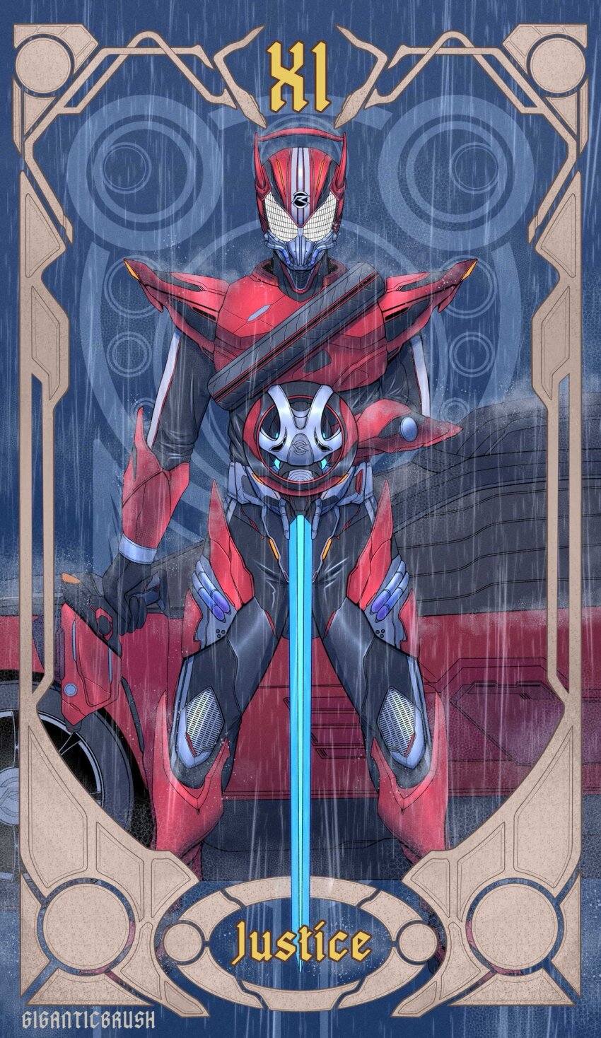 1boy, armor, belt, bodysuit, car, card_(medium), compound_eyes, drive_driver, giganticbrush, gloves, glowing, handle-ken, helmet, highres, holding, holding_sword, holding_weapon, justice_(tarot), kamen_rider, kamen_rider_drive, kamen_rider_drive_(series), kamen_rider_drive_(type_speed), looking_at_viewer, male_focus, mask, motor_vehicle, red_armor, rider_belt, roman_numeral, shift_brace, shift_car, solo, standing, sword, tarot, tarot_(medium), tokusatsu, tridoron, unused_tire, weapon