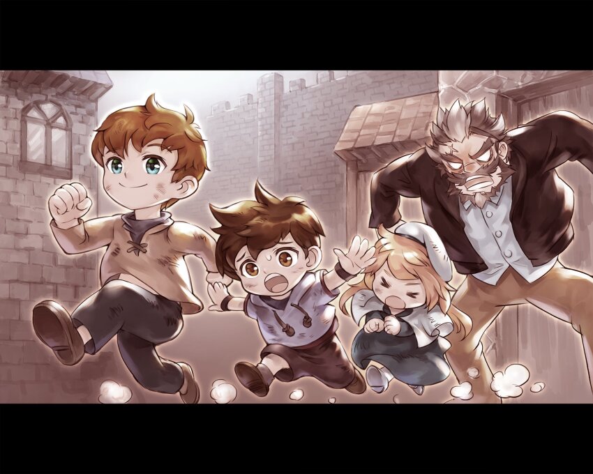 1girl, 3boys, aged_down, angry, artist_request, beard, black_dress, black_pants