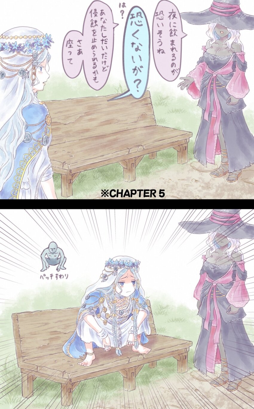 2girls, blue_eyes, braid, breasts, dark-skinned_female, dark_skin, doll_joints, dress, elden_ring, elden_ring_nightreign, flower, flower_wreath, head_wreath, highres, izuchi_nanchi, jewelry, joints, long_hair, multiple_girls, recluse_(elden_ring), revenant_(elden_ring), twin_braids, veil, white_dress, white_hair