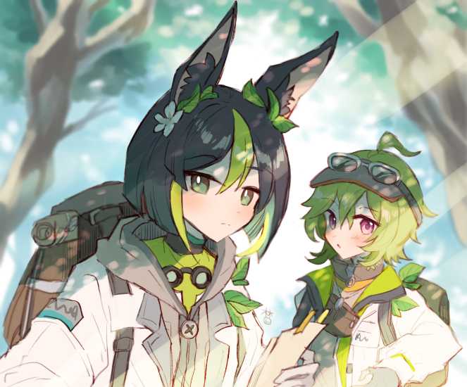 1boy, 1girl, :o, ahoge, animal_ear_fluff, animal_ears, back, bag