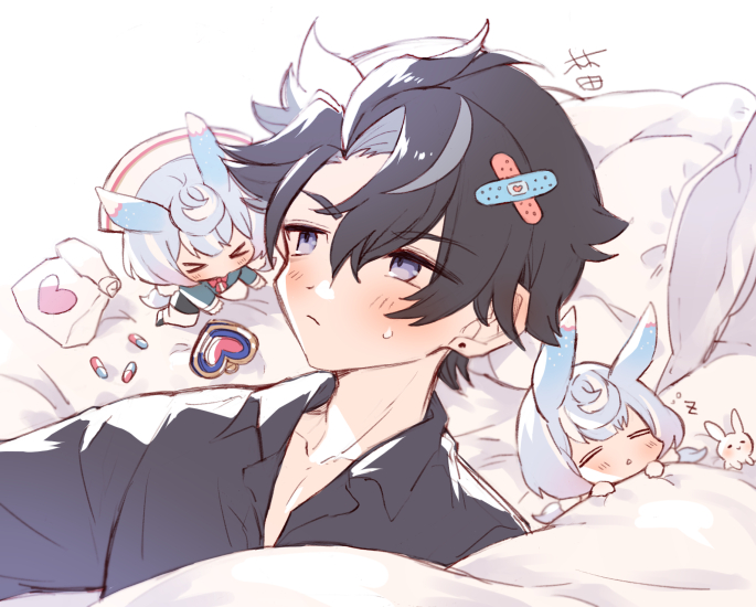 >_<, 1boy, 2girls, antennae, bag, bandaid, bandaid_on_head, black_hair