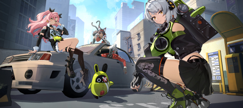 1boy, 3girls, absurdres, all_fours, anby_demara, animal_ears, belt, billy_kid, black_hair, black_ribbon, black_shorts, black_skirt, boots, breasts, cable, cable_tail, car, cat_ears, cat_girl, cat_tail, chiyikoupangsanjin, clothing_cutout, corset, crop_top, cunning_hares_(zenless_zone_zero), cyborg, dark-skinned_female, dark_skin, eous_(zenless_zone_zero), facial_mark, fingerless_gloves, forehead_mark, full_body, gloves, green_eyes, green_jacket, green_sleeves, grey_hair, hair_ornament, hairband, hairclip, headphones, highres, incredibly_absurdres, jacket, large_breasts, long_hair, long_sleeves, looking_at_viewer, mask, mechanical_tail, mole, mole_on_thigh, mole_under_eye, motor_vehicle, multiple_girls, multiple_tails, nekomata, nekomiya_mana, nicole_demara, on_car, one_eye_closed, open_mouth, orange_eyes, outdoors, pink_hair, red_corset, red_eyes, red_hairband, red_jacket, ribbon, robot, robot_boy, short_hair, shorts, shoulder_cutout, skirt, sleeveless, sleeveless_jacket, smile, spiked_hair, spiked_jacket, squatting, strapless, tail, thigh_strap, thighhighs, triangle, tube_top, two_tails, white_hair, white_tube_top, zenless_zone_zero