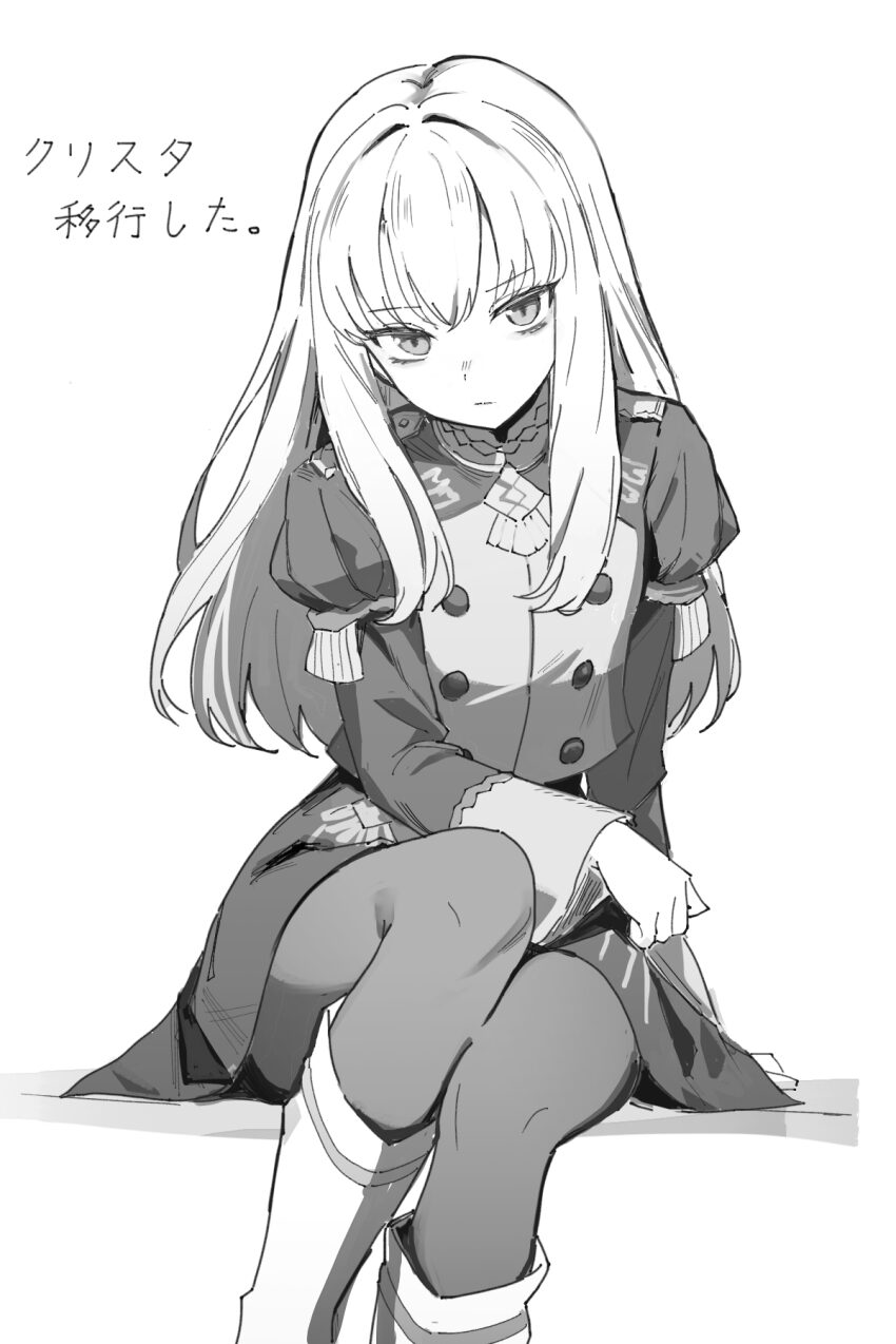 1girl, boots, buttons, clip_studio_paint_(medium), closed_mouth, commentary, death_unagi, double-breasted