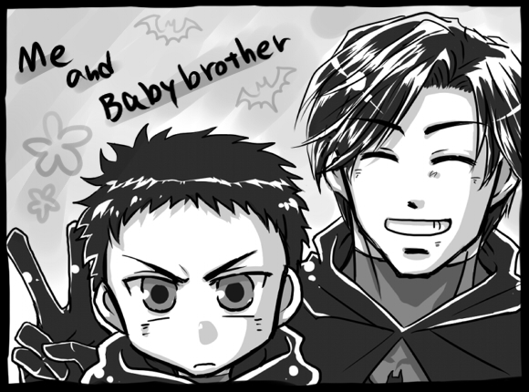 2boys, bat_symbol, batman, batman_(series), brother, brothers, cape, damian_wayne, dc_comics, dick_grayson, family, frown, male_focus, monochrome, multiple_boys, richard_grayson, robin_(dc), siblings, smile, v
