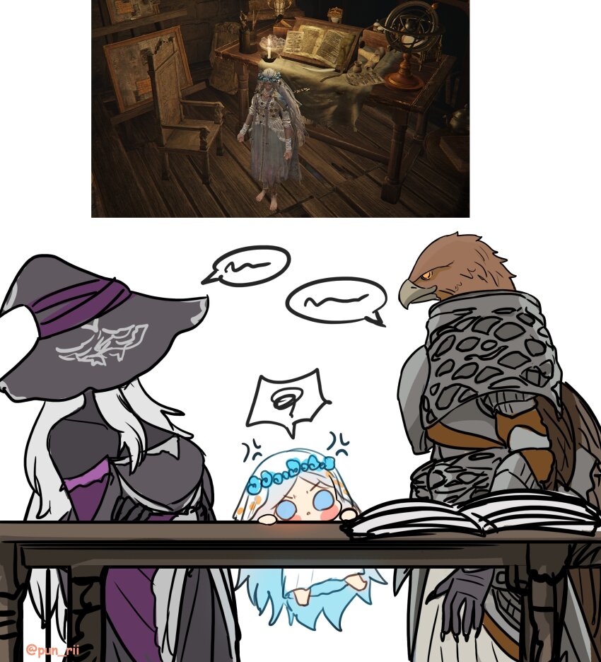 1boy, 2girls, absurdres, anger_vein, barefoot, bird_boy, black_hat, blue_eyes