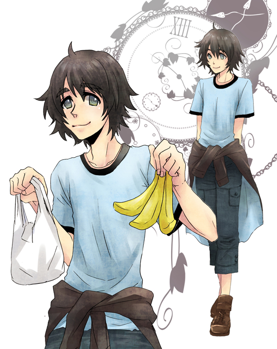 1boy, bad_id, bad_pixiv_id, banana, black_hair, blue_eyes, food, fruit