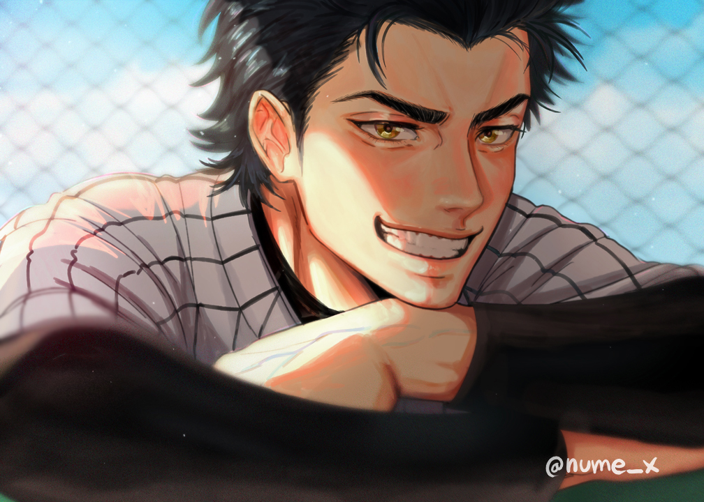 1boy, ace_of_diamond, baseball_uniform, black_hair, commentary, happy, long_sleeves, looking_at_viewer