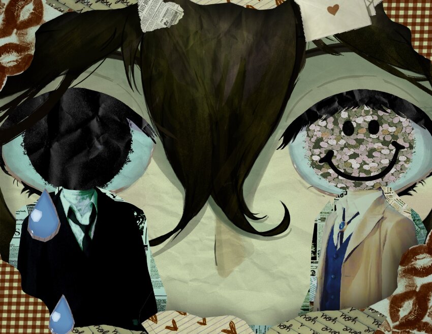 black_hair, black_necktie, black_suit, blue_vest, brooch, bungou_stray_dogs, collage, collared_shirt, crossed_bangs, dazai_osamu_(bungou_stray_dogs), english_text, formal_clothes, headless, heart, heterochromia, highres, jewelry, lipstick_mark, male_focus, multiple_views, necktie, paper_cutout, paper_texture, pikpip, shirt, short_hair, smiley_face, suit, teardrop, vest, white_shirt