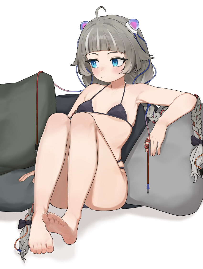 1girl, :/, absurdres, ahoge, arched_bangs, arm_at_side, arm_rest, armpits, audio_jack, bare_arms, bare_legs, bare_shoulders, barefoot, bikini, black_bikini, blue_eyes, braid, breasts, character_request, closed_mouth, copyright_request, full_body, gear_(user_crga2573), grey_hair, halterneck, headgear, highres, knees_up, leaning_back, legs, light_blush, long_hair, looking_to_the_side, low_twin_braids, mole, mole_under_eye, multi-strapped_bikini_bottom, multicolored_hair, pillow, sideways_glance, simple_background, sitting, small_breasts, soles, solo, streaked_hair, string_bikini, swimsuit, toes, twin_braids, very_long_hair, virtual_youtuber, white_background