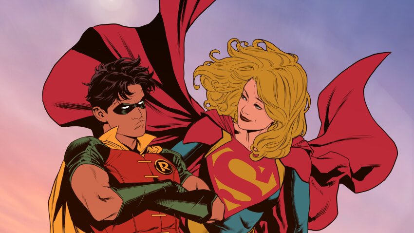 1boy, 1girl, absurdres, alternate_skin_color, batman_(series), black_hair, blonde_hair, cape