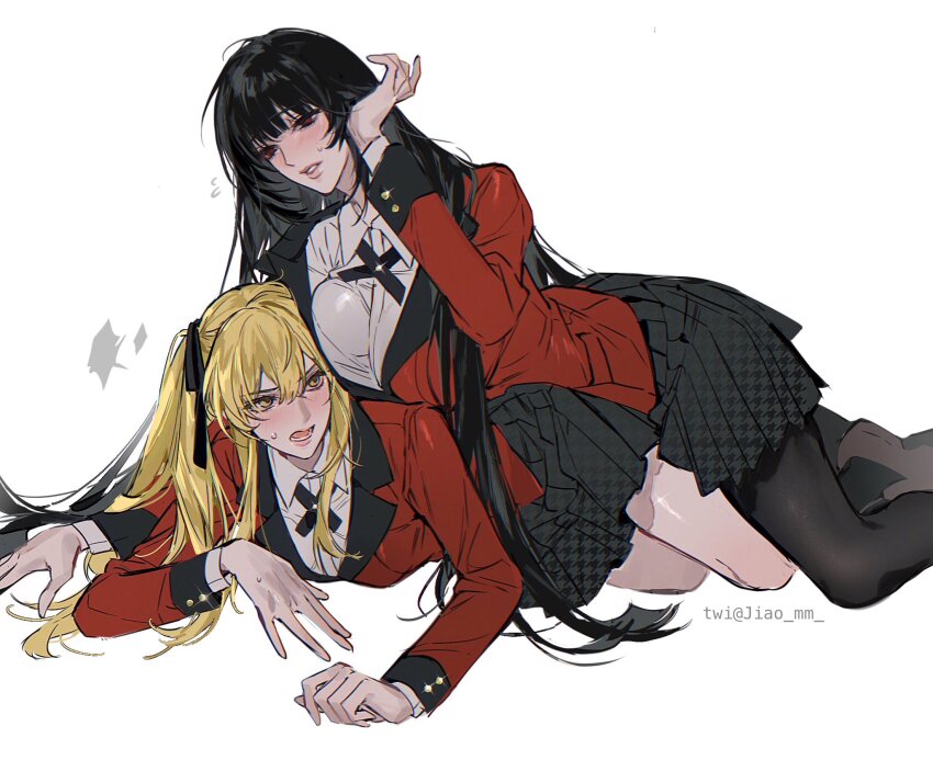 2girls, black_hair, black_pantyhose, black_ribbon, black_skirt, blonde_hair, blush, breast_press, girl_on_top, hair_ribbon, highres, hyakkaou_academy_school_uniform, jabami_yumeko, jacket, kakegurui, long_hair, m_omoo, multiple_girls, pantyhose, red_eyes, red_jacket, ribbon, saotome_mary, school_uniform, shirt, skirt, twintails, twitter_username, very_long_hair, white_shirt, yellow_eyes, yuri