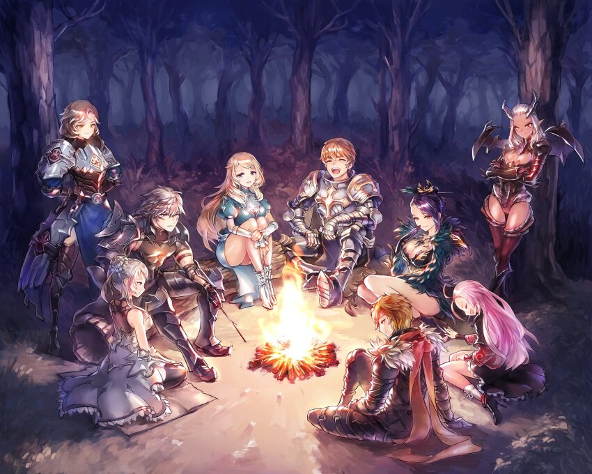 3boys, 6+girls, armor, artist_request, black_capelet, black_gloves, black_shoes, black_skirt, blonde_hair, blue_eyes, braid, braided_bun, brown_eyes, brown_hair, campfire, capelet, chase_(king's_raid), clause_(king's_raid), cleo_(king's_raid), closed_eyes, commentary, commentary_request, crossed_arms, demia_(king's_raid), demon_horns, demon_wings, dress, english_commentary, feather_dress, forest, frey_(king's_raid), gloves, green_dress, grey_dress, grey_eyes, grey_hair, hair_bun, hair_ornament, hairpin, high_heels, highres, horns, king's_raid, korean_commentary, laughing, leaning_on_object, long_hair, maria_(king's_raid), medium_hair, miniskirt, mixed-language_commentary, morrah, multiple_boys, multiple_girls, nature, night, official_art, petticoat, pink_hair, purple_hair, red_shirt, red_thighhighs, ribbon-trimmed_socks, ribbon_trim, roi_(king's_raid), scarlet_(king's_raid), second-party_source, seiza, shirt, shoes, short_hair, sitting, sitting_on_log, skirt, sleeveless, sleeveless_dress, smile, socks, thighhighs, very_long_hair, wariza, white_hair, white_shoes, white_socks, wings
