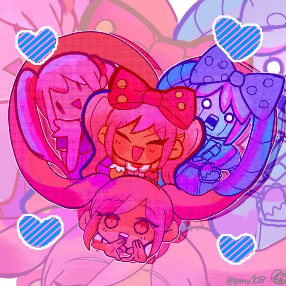 4girls, :d, ^_^, adversarial_noise, bow, chibi, chibi_only, closed_eyes, collared_shirt, commentary_request, cropped_shoulders, dark-skinned_female, dark_skin, dress, facing_viewer, gimu108, hair_bow, hands_on_own_cheeks, hands_on_own_face, heart, heart_hands, humanoid_robot, long_hair, looking_at_viewer, monster_girl, multiple_girls, mutantheart_(omori), no_sclera, omori, open_mouth, perfectheart_(omori), pink_bow, pink_dress, pink_eyes, pink_hair, pixel_art_inset, polka_dot, polka_dot_bow, roboheart_(omori), robot, shirt, short_sleeves, simple_background, slime_girl, smile, sweetheart_(omori), teeth, twintails, twitter_username, upper_body, upper_teeth_only, v-shaped_eyebrows, very_long_hair, white_background, white_shirt, white_wrist_cuffs, wrist_cuffs, zoom_layer