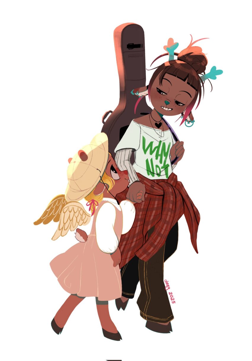 2025, 2girls, aged_down, animal_ears, antlers, black_pants, blonde_hair, brown_hair