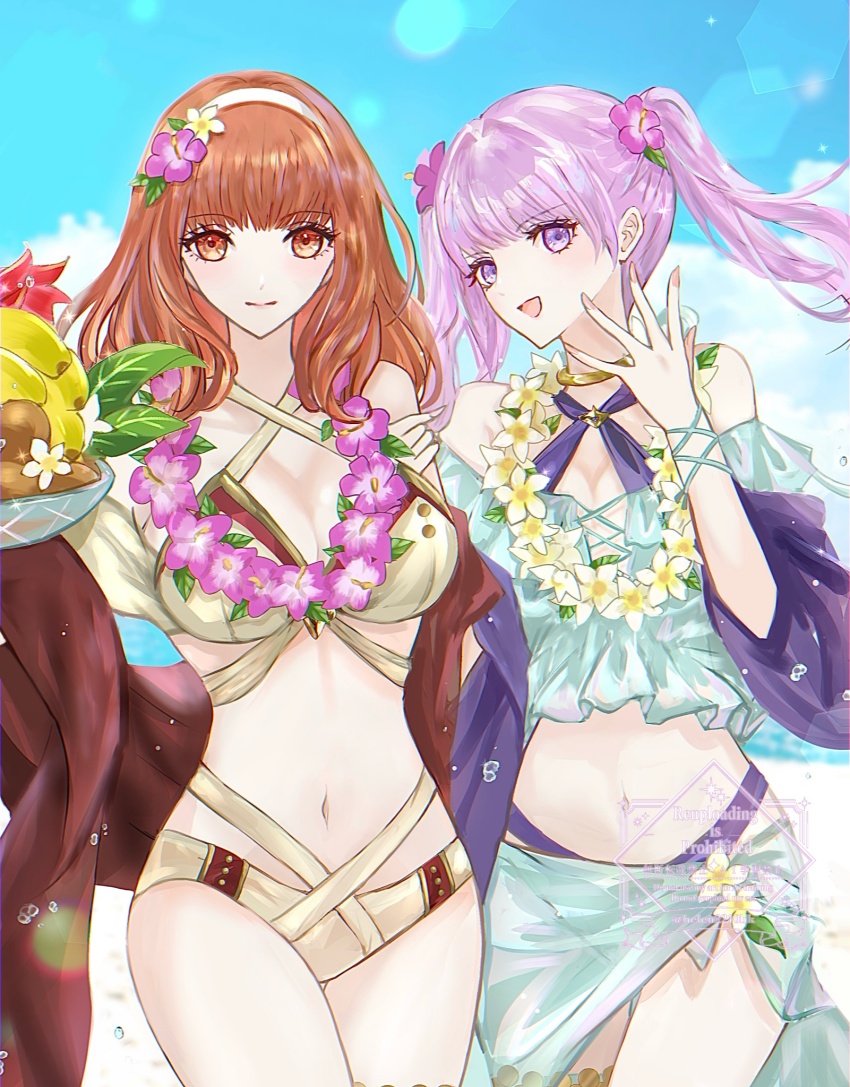 2girls, aqua_bikini, beach, bikini, breasts, brown_bikini, bubble, celica_(fire_emblem)