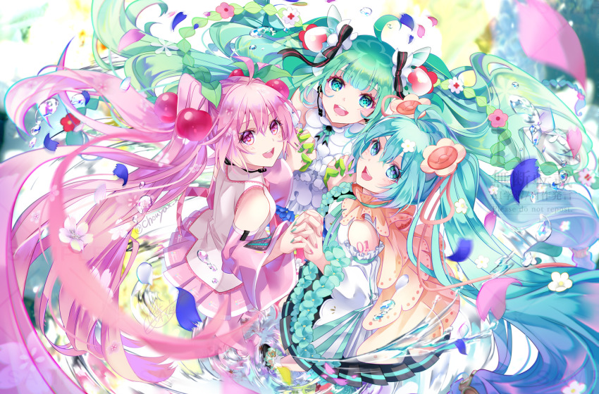3girls, :d, aqua_ribbon, black_bow, black_skirt, blue_eyes, blue_hair, blue_nails, blue_trim, bow, cherry_hair_ornament, detached_sleeves, floating_hair, food-themed_hair_ornament, gloves, green_eyes, green_gloves, green_hair, hair_bow, hair_ornament, hatsune_miku, hatsune_miku_japan_tour_2025_~blooming~, holding_hands, interlocked_fingers, long_hair, looking_at_viewer, looking_up, magical_mirai_(vocaloid), magical_mirai_miku, magical_mirai_miku_(2021), miniskirt, multiple_girls, multiple_persona, nail_polish, neck_ribbon, open_mouth, pink_eyes, pink_hair, pink_nails, pink_skirt, pleated_skirt, ribbon, sakura_miku, shirt, skirt, sleeveless, sleeveless_shirt, smile, striped_bow, twintails, twitter_username, tyouya, very_long_hair, vocaloid, watermark, white_shirt, white_sleeves, white_trim
