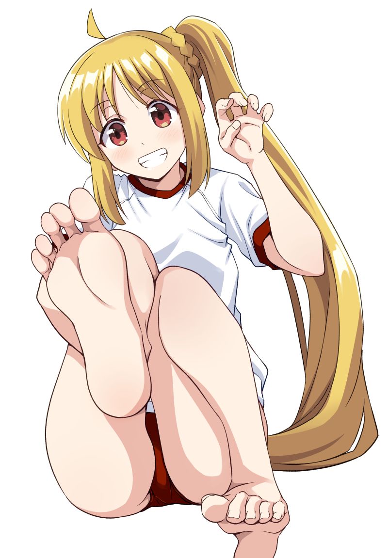 1girl, ahoge, bare_legs, barefoot, blonde_hair, blush, bocchi_the_rock!, braid