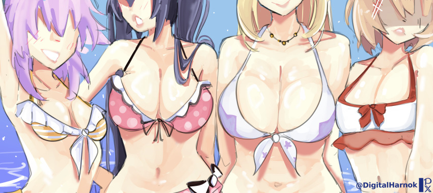 4girls, bikini, black_hair, blanc_(neptunia), blonde_hair, breasts, brown_hair, cleavage, closed_mouth, collarbone, commentary, digitalharnok, english_commentary, front-tie_bikini_top, front-tie_top, highres, jewelry, large_breasts, light_blush, medium_breasts, multiple_girls, navel, necklace, neptune_(neptunia), neptune_(series), noire_(neptunia), open_mouth, pixiv_logo, purple_hair, small_breasts, smile, stomach, swimsuit, twitter_username, twitter_x_logo, vert_(neptunia)