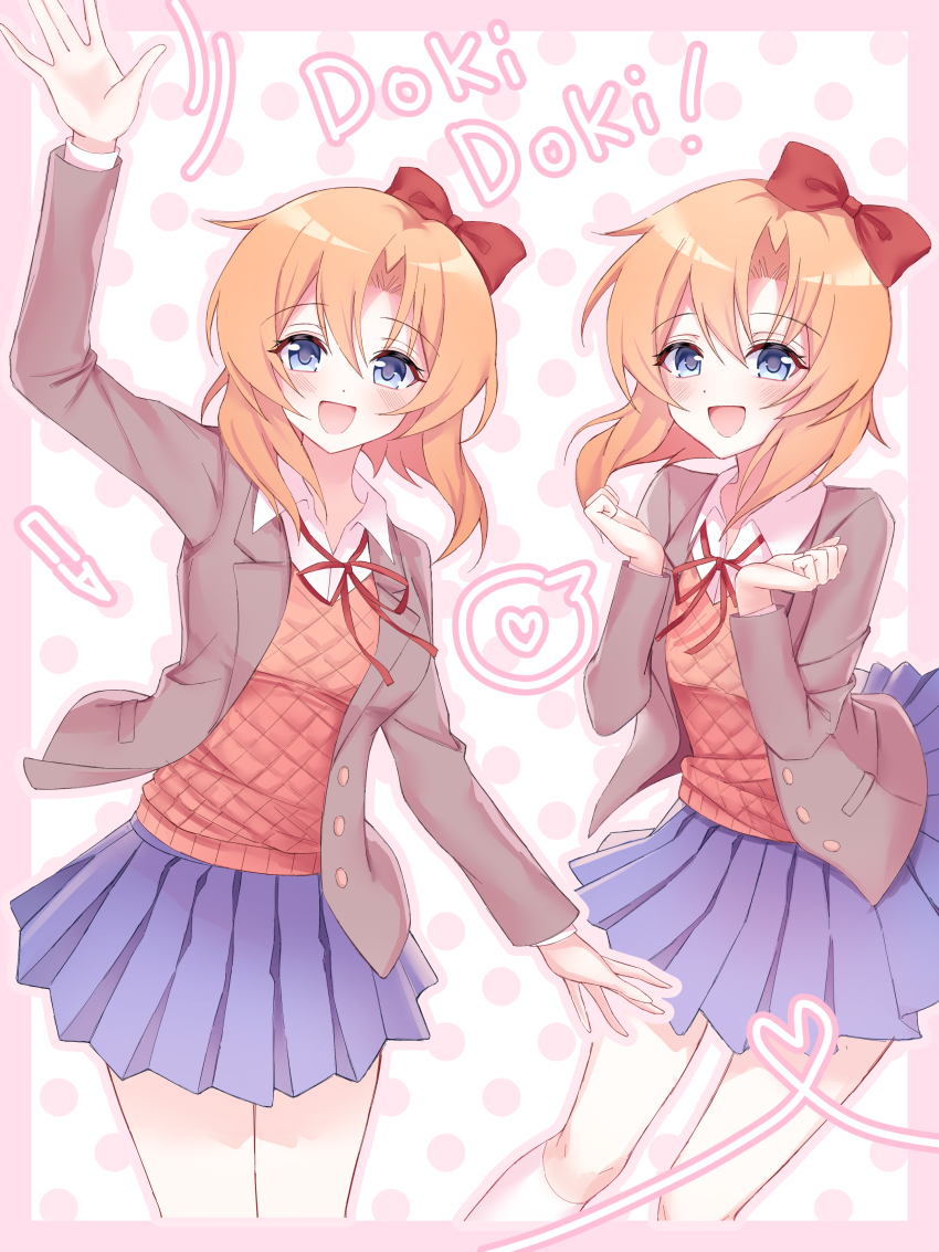 1girl, absurdres, arm_up, blazer, blue_eyes, blue_skirt, blush, bow