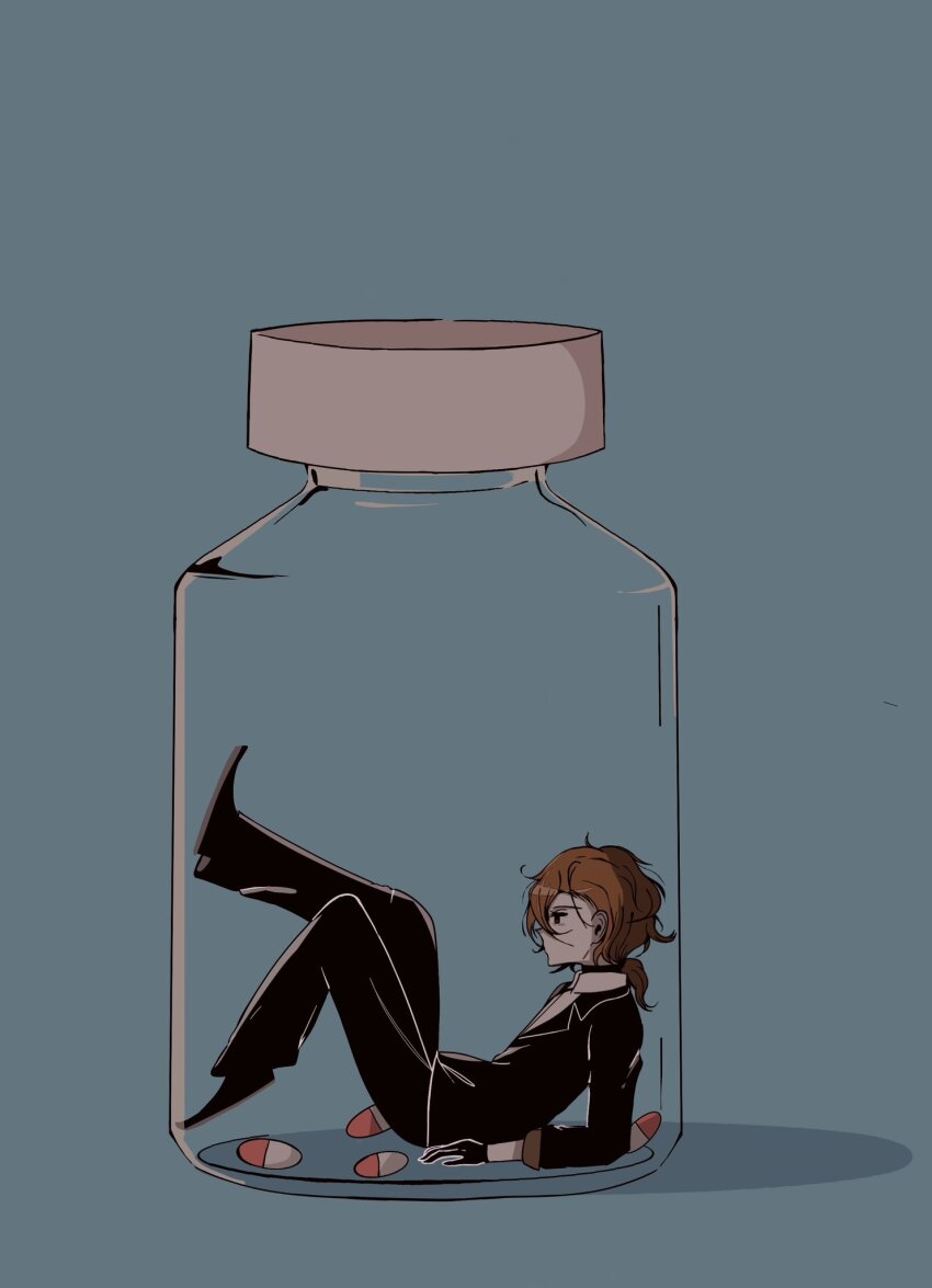 1boy, black_eyes, black_gloves, black_suit, black_vest, bottle, brown_hair, bungou_stray_dogs