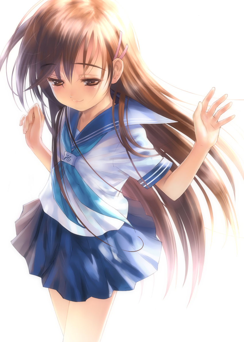 :3, absurdres, brown_eyes, brown_hair, goto_p, hair_ornament, hairclip, highres, long_hair, narcissu, school_uniform, setsumi_sakura, skirt, smile