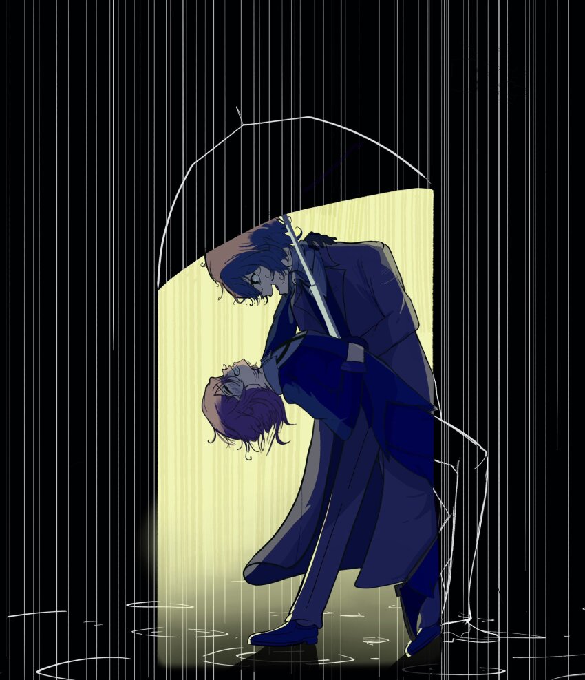 2boys, bending_backward, black_coat, black_gloves, black_suit, brown_hair, bungou_stray_dogs, clenched_teeth