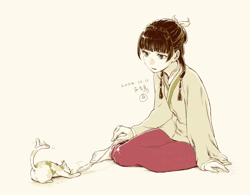1girl, barefoot, blunt_bangs, cat, cat_teaser, chinese_clothes, dated, full_body