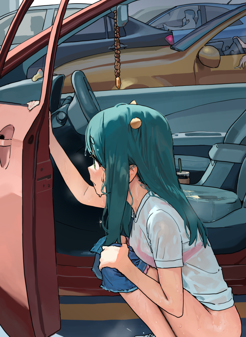 1girl, 3others, aqua_hair, bra, bra_visible_through_clothes, breasts, car, cigarette