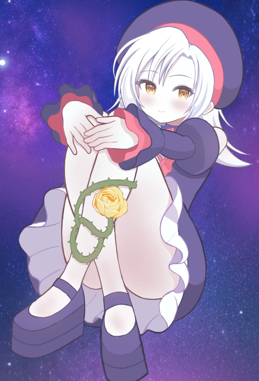 1girl, beret, brown_eyes, closed_mouth, commission, dress, elizabeth_(wild_arms), flower, frilled_dress, frills, full_body, grey_hair, hat, highres, juliet_sleeves, long_hair, long_sleeves, looking_at_viewer, mikoko1, puffy_sleeves, purple_dress, purple_hat, purple_shoes, purple_sleeves, rose, shoes, skeb_commission, smile, solo, space, star_(sky), strapless, strapless_dress, thorns, wild_arms, wild_arms_1, yellow_flower, yellow_rose