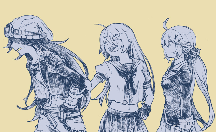 1boy, 2girls, :d, ahoge, another_eden, arms_at_sides, beanie, belt