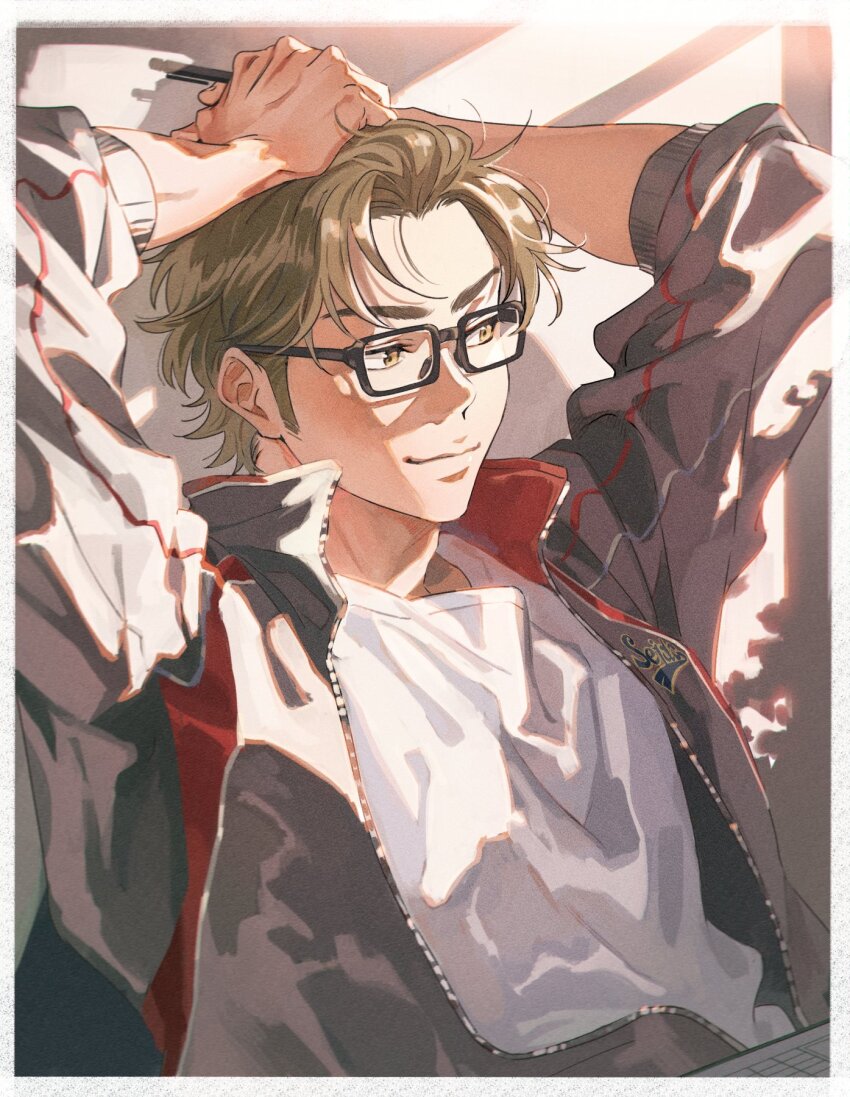 1boy, ace_of_diamond, arms_up, black-framed_eyewear, border, closed_mouth, glasses, green_hair