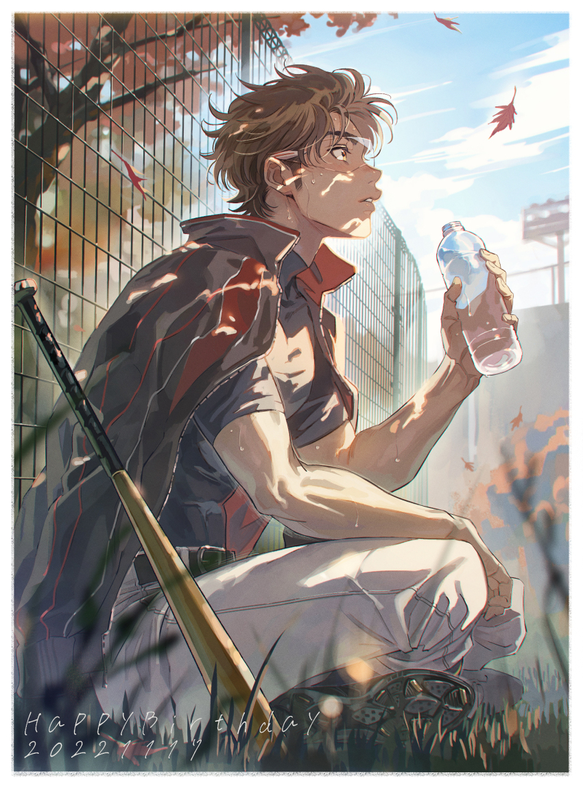 1boy, ace_of_diamond, baseball_bat, black_shirt, border, bottle, brown_hair, commentary_request