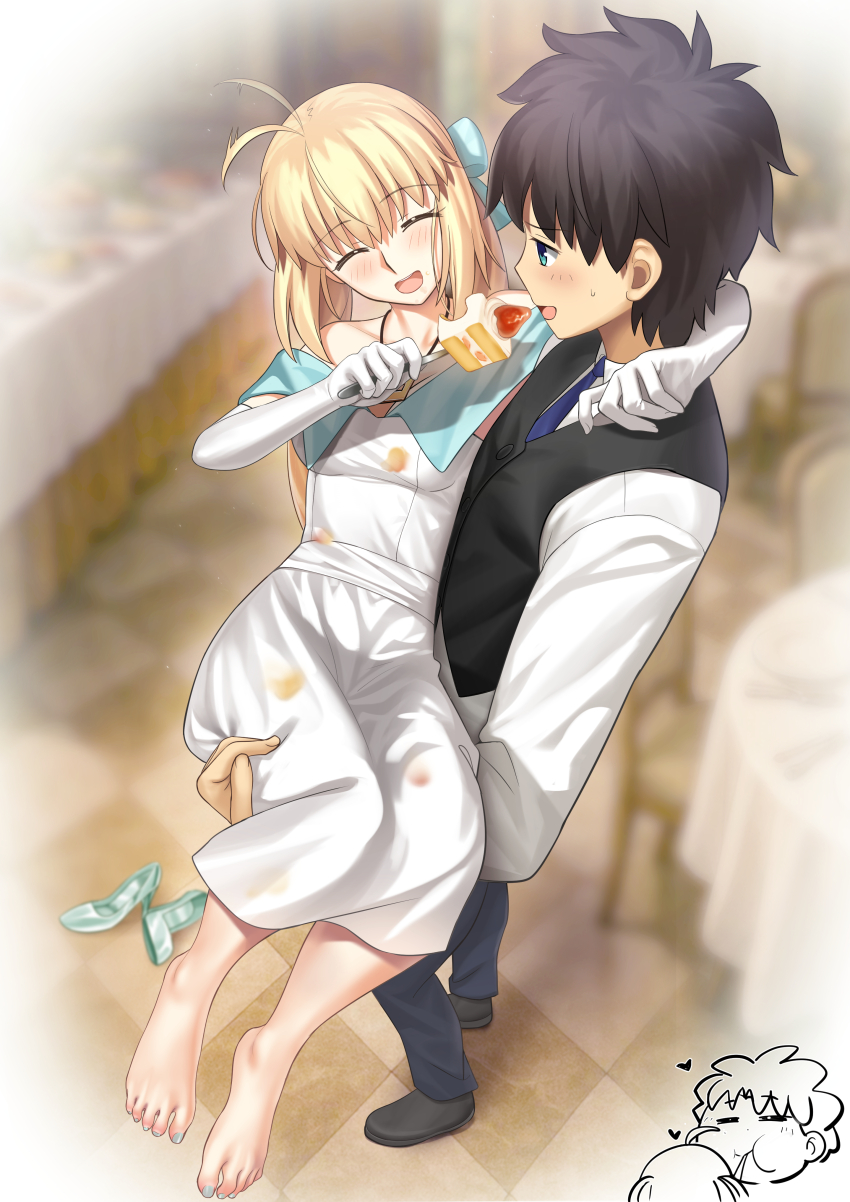 1boy, 1girl, absurdres, artoria_caster_(fate), artoria_caster_(fgo_fes._2025)_(fate), artoria_pendragon_(fate), barefoot, besmiled, blonde_hair, blush, cake, cake_slice, carrying, carrying_person, closed_eyes, fate/grand_order, fate_(series), feet, food, fujimaru_ritsuka_(male), highres, long_hair, open_mouth, shoes, toes, unworn_shoes