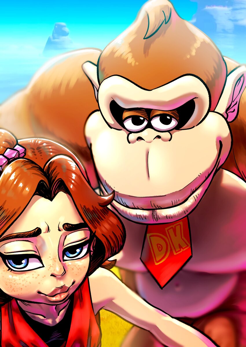 1boy, 1girl, absurdres, ape, blue_eyes, blurry, blurry_background, brown_fur