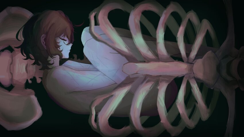 1boy, brown_hair, bungou_stray_dogs, closed_eyes, completely_nude, curled_up, curly_hair, dazai_osamu_(bungou_stray_dogs)